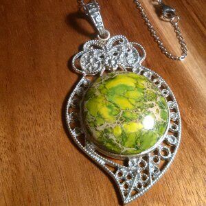 Green Mojave Turquoise Silvertone Pendant Stainless Steel Necklace